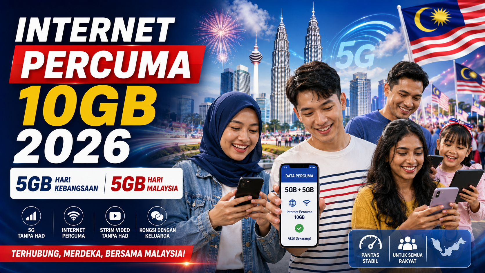 Internet Percuma 10GB 2026 untuk pengguna telco sempena Hari Kebangsaan dan Hari Malaysia