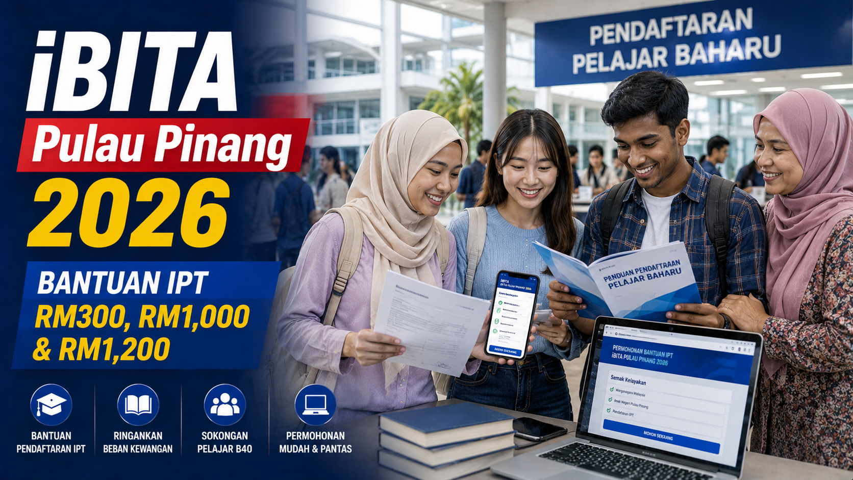 iBITA Pulau Pinang 2026 bantuan pendaftaran IPT RM300 RM1000 dan RM1200 untuk pelajar