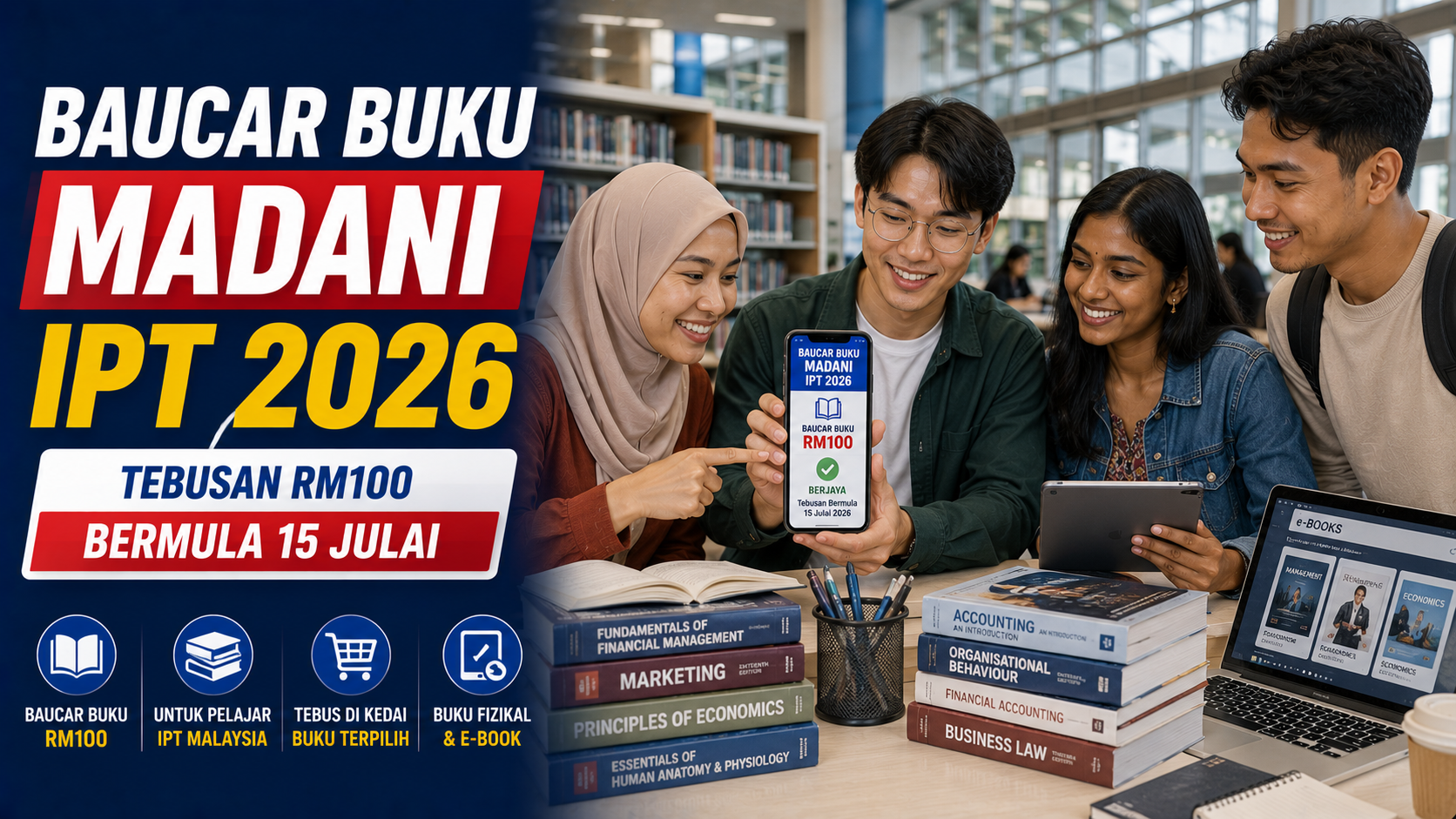 Baucar Buku MADANI IPT 2026 RM100 untuk pelajar universiti, politeknik, kolej komuniti dan IPTS