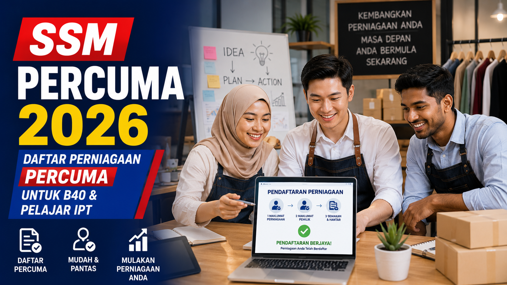 SSM Percuma 2026 untuk usahawan B40 dan pelajar IPT mendaftarkan perniagaan secara percuma