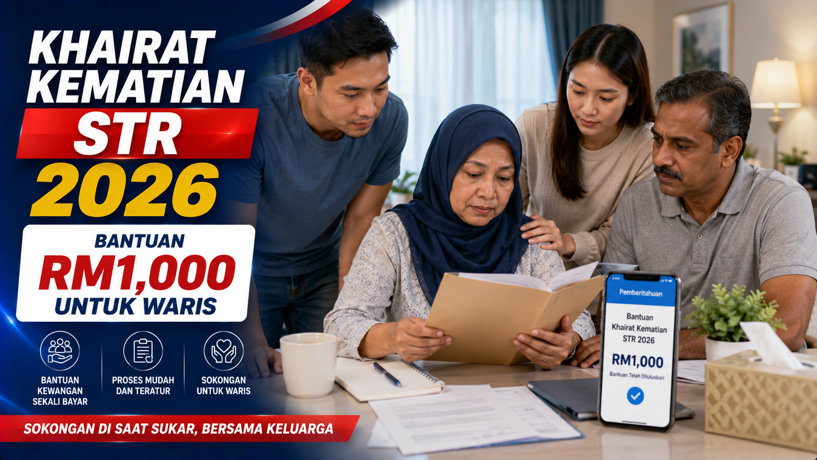 Khairat Kematian STR 2026 bantuan RM1000 untuk pemohon pasangan dan waris yang layak
