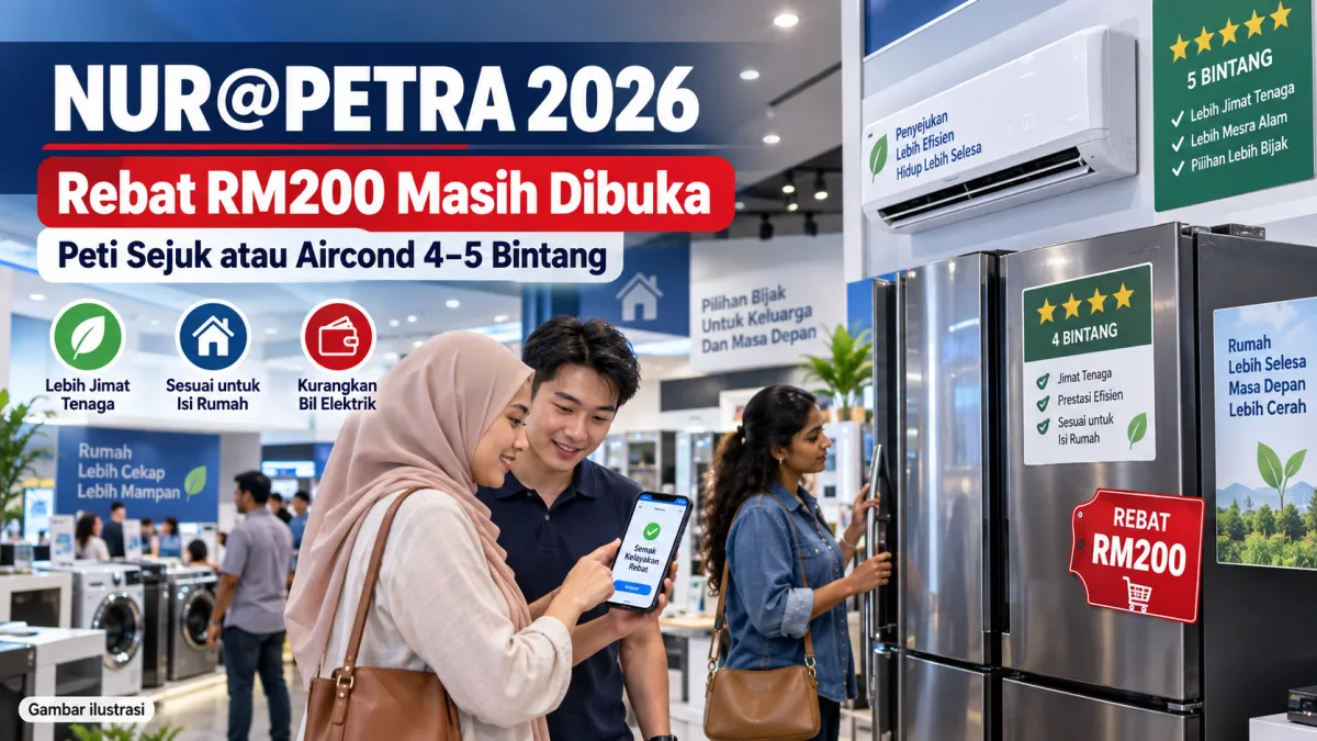 Cadangan alt: NUR PETRA 2026 rebat RM200 untuk pembelian peti sejuk atau penyaman udara cekap tenaga 4 dan 5 bintang
